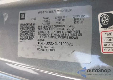 2020 Chevrolet Camaro Rwd 1Lt z USA, uszkodzony, nr VIN 1G1FB3DX4L0100371